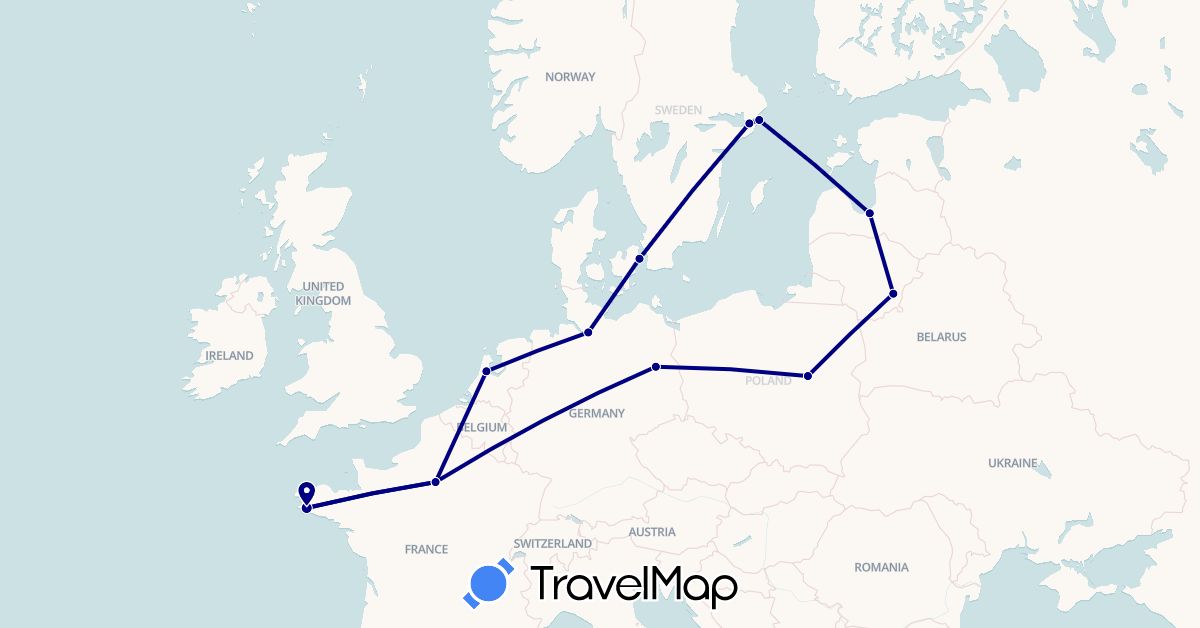 TravelMap itinerary: driving in Germany, Denmark, France, Lithuania, Latvia, Netherlands, Poland, Sweden (Europe)